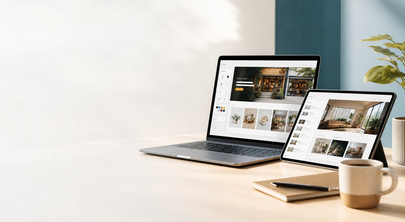 Website editing and preview screens on a laptop and tablet